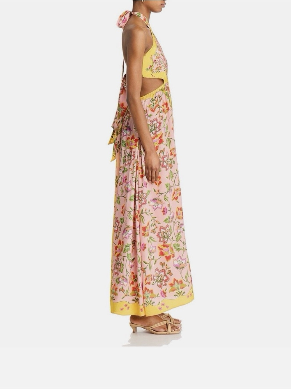 FARM Rio Yellow & Pink Floral Halter Maxi Dress with Waist Cutouts MEDIUM NWT - Picture 3 of 7